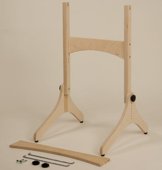 A wooden floor stand with adjustable parts for supporting a loom, including visible screws and connectors.